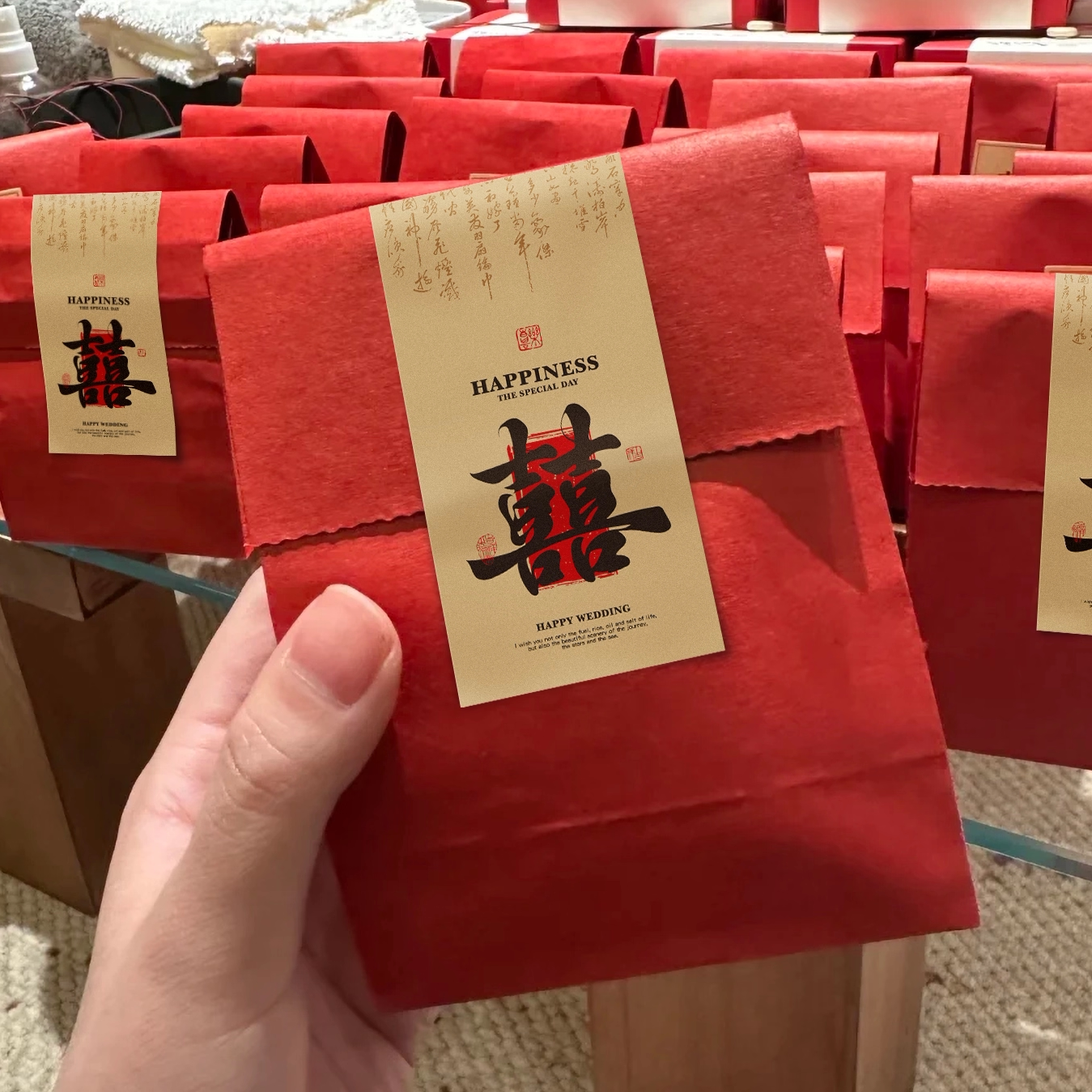 中式结婚复古牛皮纸喜糖盒袋子红色中国风红色加厚折叠包装喜糖袋