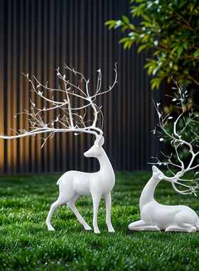 高档简约现代玻璃钢梅花鹿装饰摆件庭院落地雕塑氛围设计感可定制