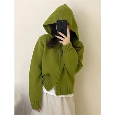 青草绿显白慵懒chic连帽拉链外套女秋冬宽松百搭开衫针织上衣毛衣