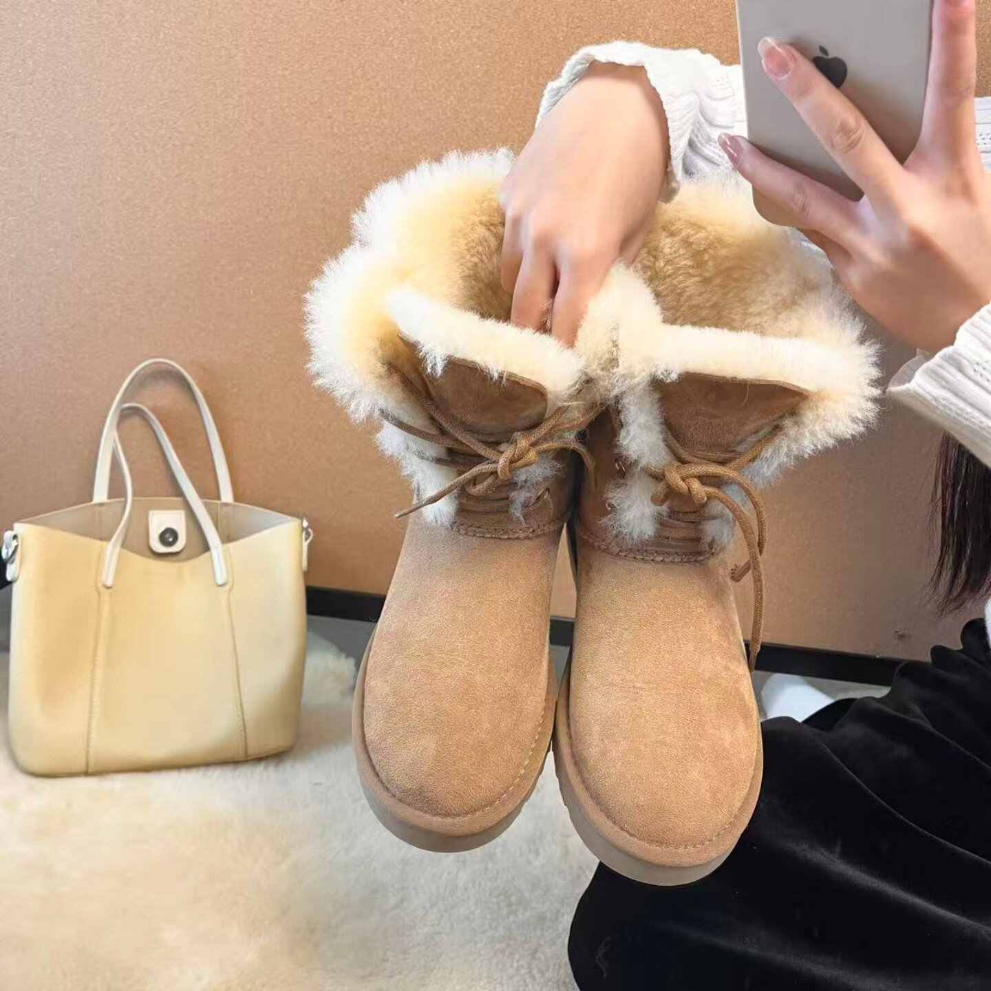 桑坡纯羊毛雪地靴女中筒大棉鞋