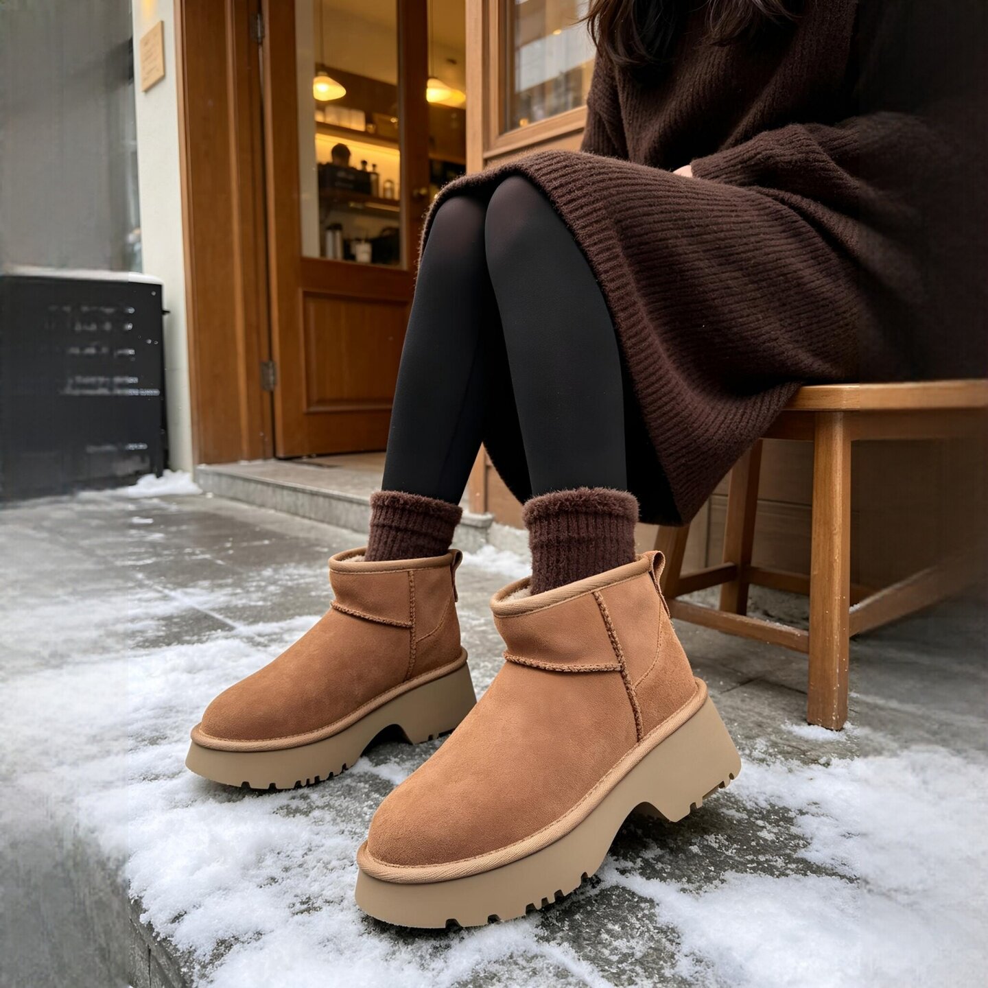 坡跟mini皮毛一体保暖防滑雪地靴