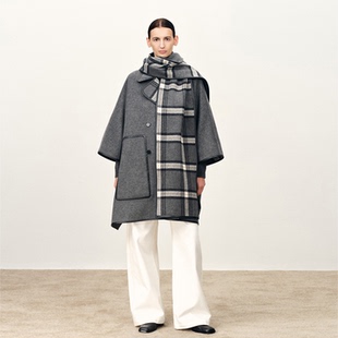 【秀场同款】Fabrique挪威森林灰色羊毛大衣格纹斗篷外套2025新款