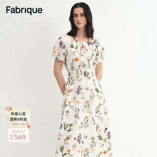 新品 Fabrique小苍兰碎花真丝棉一字肩气质泡泡袖 连衣裙2025年夏季