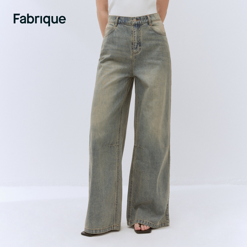 Fabrique【大师牛仔】做旧阔腿牛仔裤废土复古丹宁风阔腿裤女