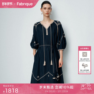 Fabrique复古锡拉海蓝撞色刺绣亚麻泡泡袖长袍连衣裙2025年新款
