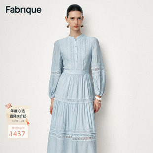 连衣裙女收腰2025年新款 Fabrique宫廷谧境蓝色蕾丝织带长袖 长款