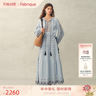 【蔡明同款】Fabrique 纯棉波西米亚刺绣宽松灯笼袖抽绳女连衣裙