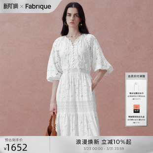 Fabrique白色蕾丝花卉棉质泡泡袖 连衣裙夏休闲通勤风度假伞裙