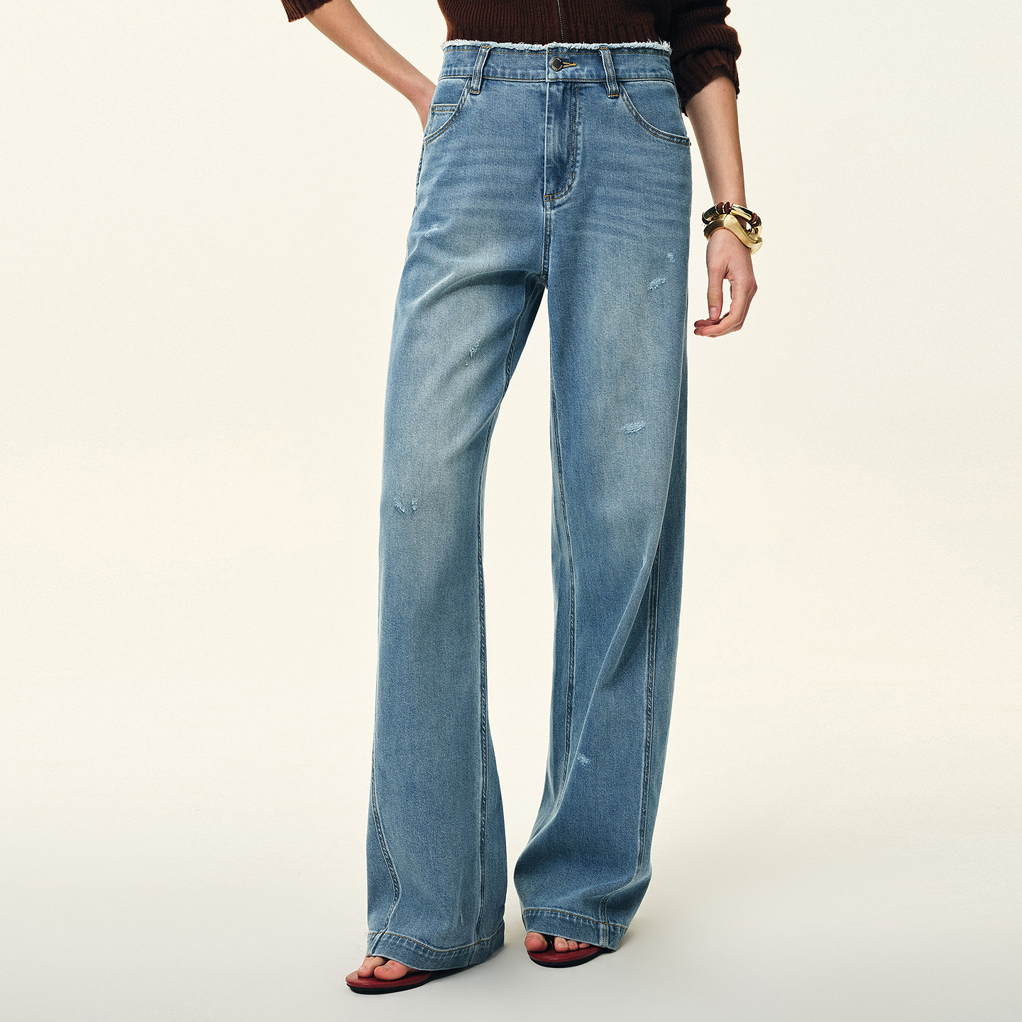 【大乐严选】Fabrique水洗浅蓝色毛边裤腰直筒弯刀阔腿牛仔裤女,女装/女士精品,牛仔裤,淘宝优惠券,粉丝福利购,淘宝优惠卷