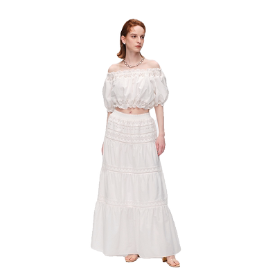 【赵露思同款】 Fabrique 丝棉混纺蕾丝镂空拼接上衣半裙套装女