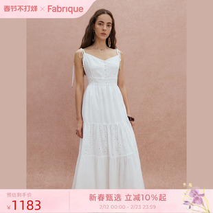 Fabrique天丝亚麻刺绣蕾丝拼接连衣裙25夏季新品白色波嬉吊带裙子
