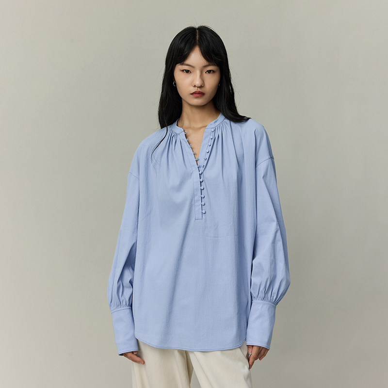 【董思怡同款】Fabrique BASIC天丝棉泡泡纱小立领多纽扣宽松衬衫图片