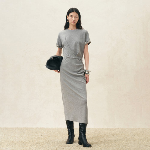 Fabrique 拼接格纹假两件褶皱收腰通勤T恤连衣裙女2026年早秋新品