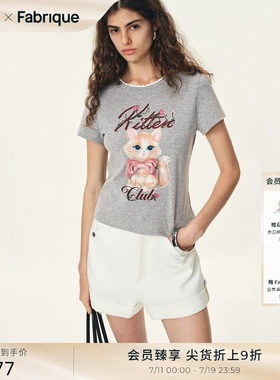 Fabrique 多色童趣猫咪花边圆领正肩上衣女短袖T恤2026年夏季新品