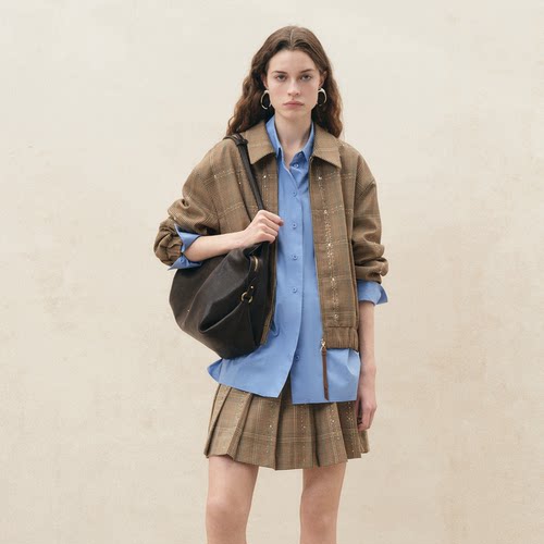 Fabrique钻光夹克质感格纹重工羊毛飞行员上衣外套女款2026年早秋