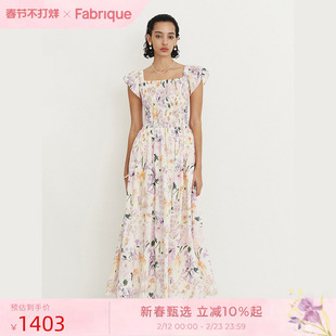 Fabrique鸢尾裙紫纯棉印花方领小飞袖连衣裙2025夏季新品碎花长裙