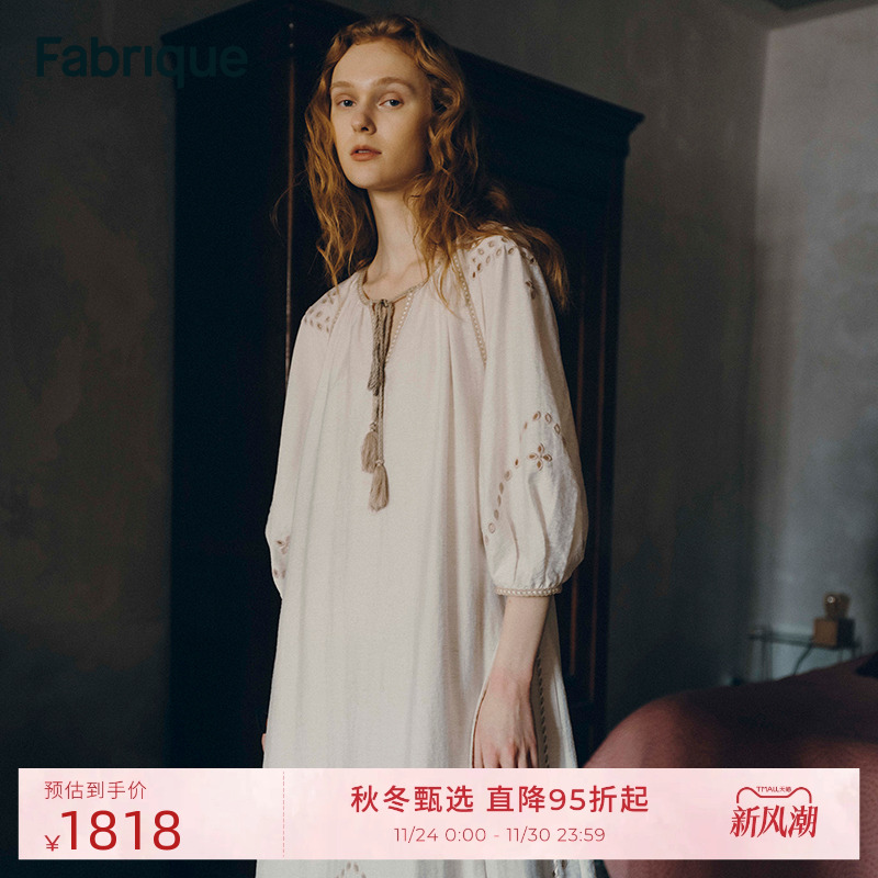 【刘雅瑟同款】Fabrique波西米亚波嬉刺绣亚麻长袍连衣裙2025法式