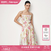 Fabrique梦境花园桑蚕丝亚麻弹力抹胸印花无袖 吊带连衣裙25夏新品