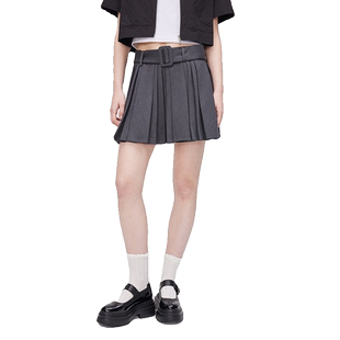 Fabrique 深灰色宽腰带学院风高腰短款百褶裤裙女2024秋季新品