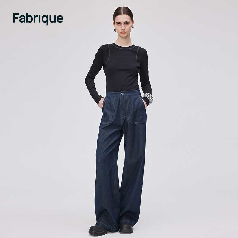 Fabrique 原色天丝牛仔明线大口袋休闲裤女秋季新品