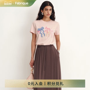 Fabrique 上衣女 云雾粉蝴蝶结钩针印花桑蚕丝棉短袖 T恤2025年夏季
