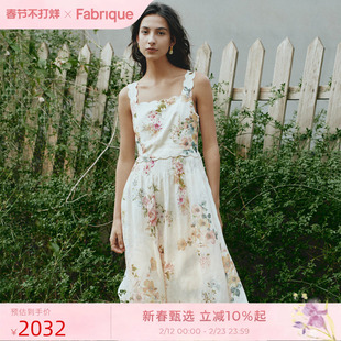 Fabrique梦境花园桑蚕丝亚麻印花刺绣花边背心吊带连衣裙25年新品