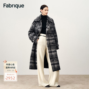 Fabrique黑白格纹绵羊毛重磅毛呢配腰带翻领长款 大衣2025年冬新品