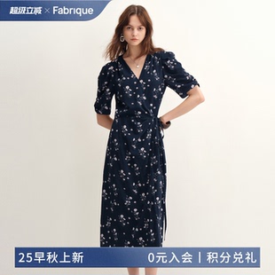 中袖 Fabrique夏加爾藍(lán)碎花圍裹法式 茶歇連衣裙2025年秋季 新品 長裙
