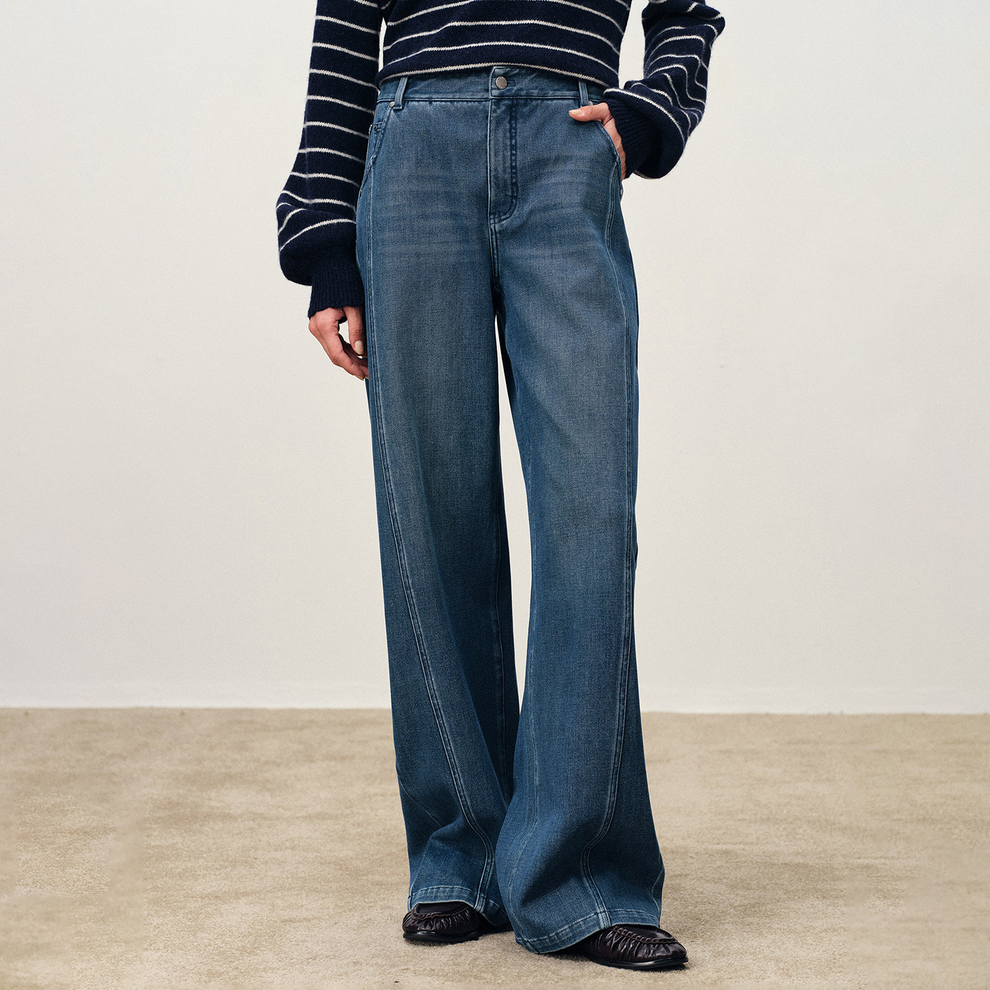 Fabrique DENIM复古蓝解构拼接微弹弯刀牛仔裤新品