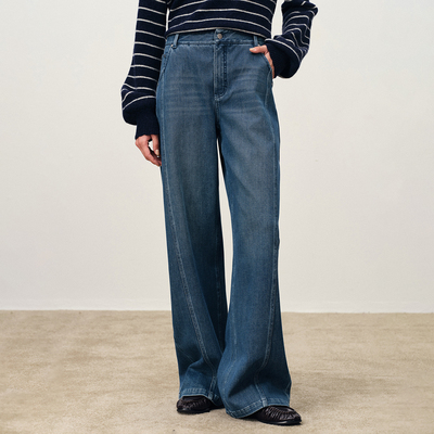 Fabrique DENIM复古蓝解构拼接微弹弯刀牛仔裤新品