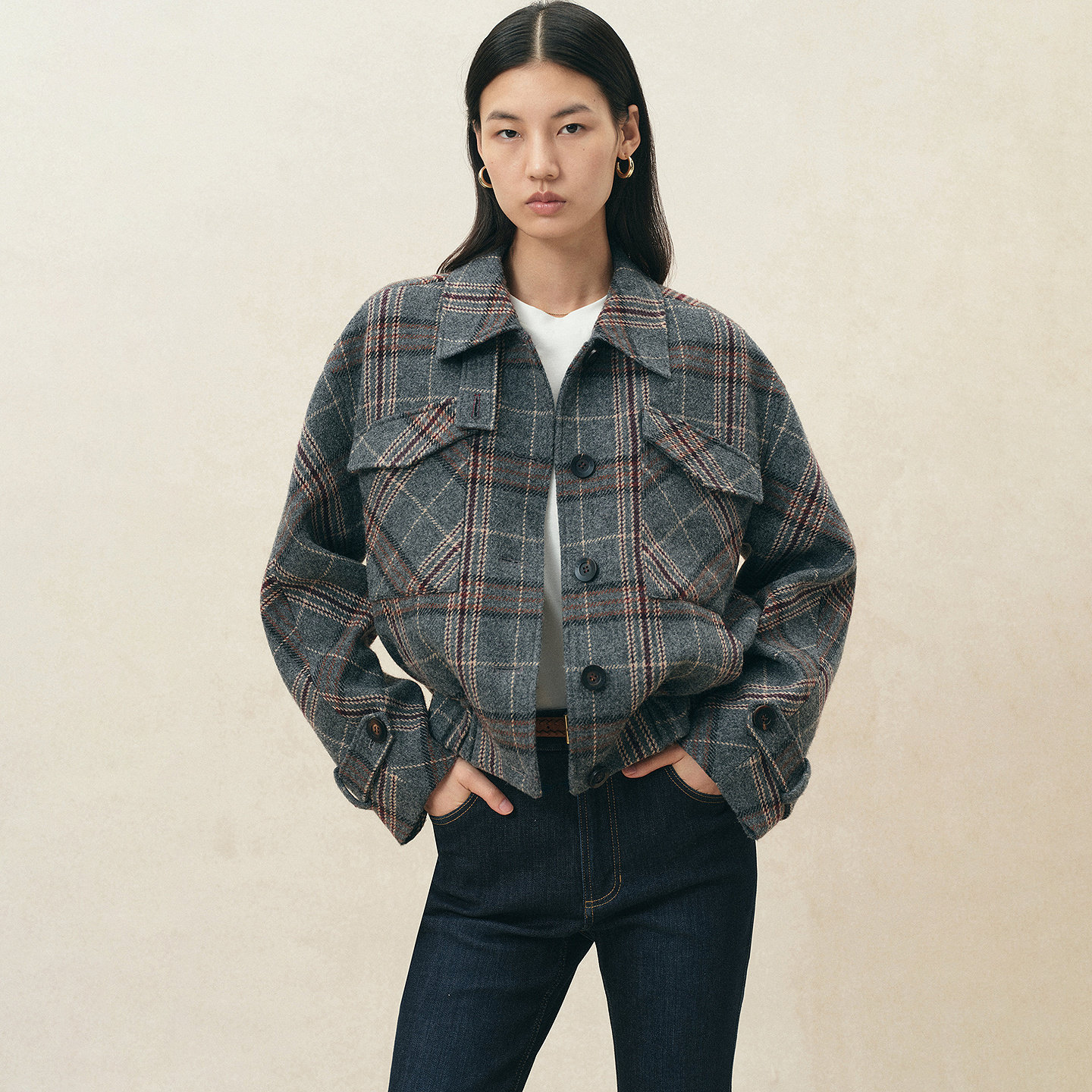 Fabrique 微醺红酒格纹羊毛皮质飞行员夹克短外套女士2026年秋冬