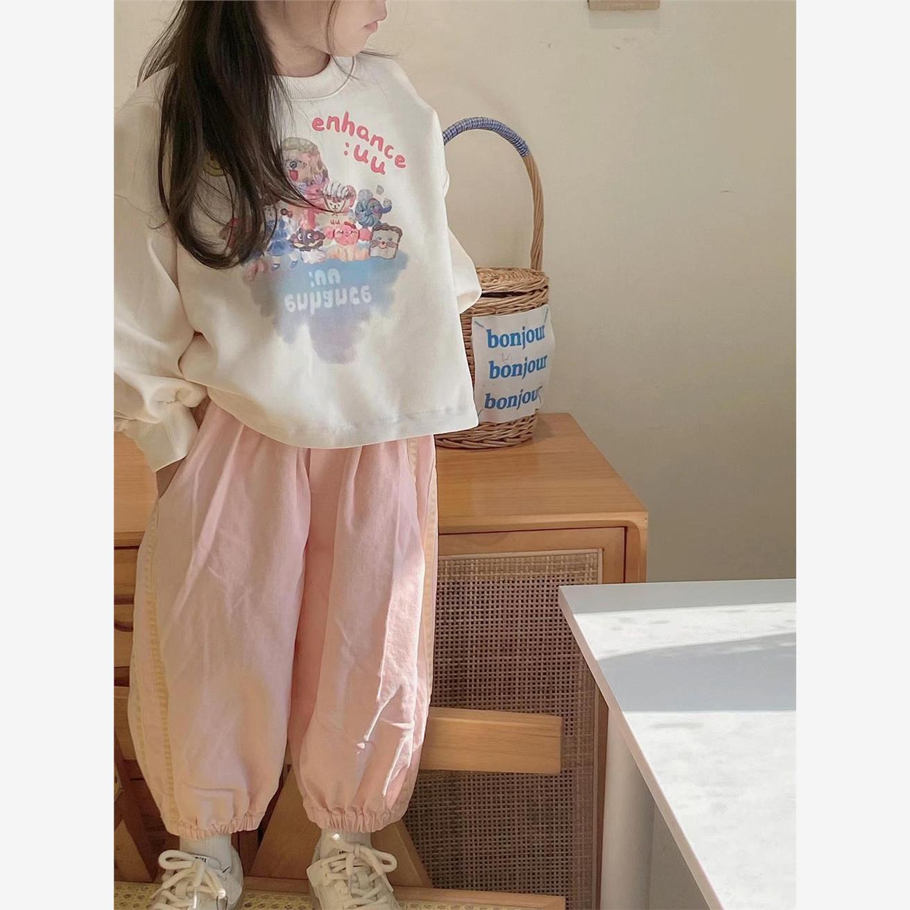 韩国童装2025秋季新款白色卡通字母卫衣女童粉色休闲工装裤两件套