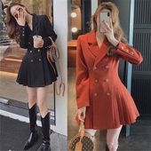 大码 百褶裙200斤 连衣裙秋冬收腰显瘦长袖 女装 胖mm赫本双排扣西装