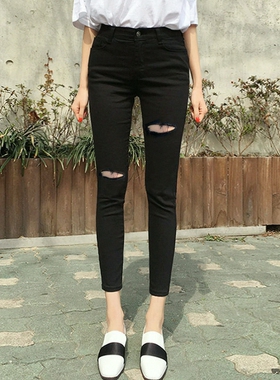 黑色新款牛仔裤韩版小脚裤破洞高腰紧身长裤女士九分潮流学生春秋