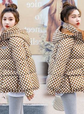 外套新款2025显瘦冬季短款连帽韩版羽绒棉服棋盘格宽松女棉衣棉袄