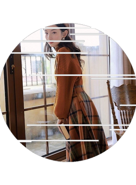 女 两件套装单/套装半身裙格子秋冬季修身法式配针织毛衣复古宽松