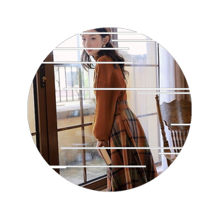 女 两件套装单/套装半身裙格子秋冬季修身法式配针织毛衣复古宽松