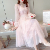 名媛范甜美温柔风森系气质网纱蕾丝仙女裙春秋季 打底连衣裙 超仙