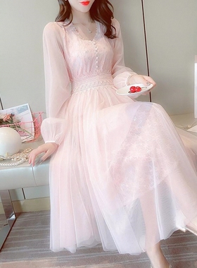 名媛范甜美温柔风森系气质网纱蕾丝仙女裙春秋季超仙的打底连衣裙