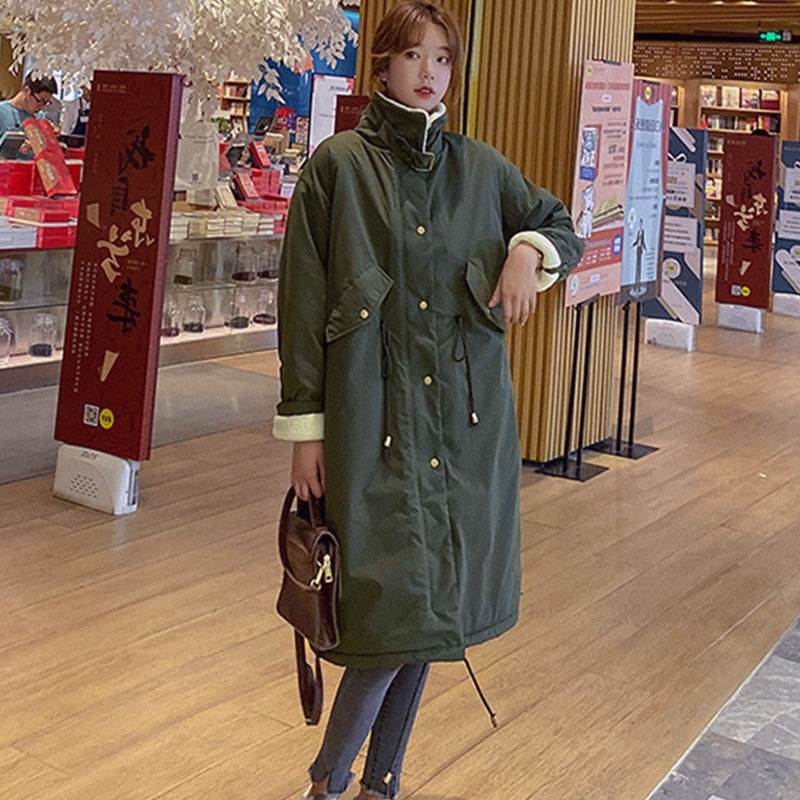 超火羊羔毛韩版港风中长款派克服棉袄外套女过膝棉宽松潮冬季