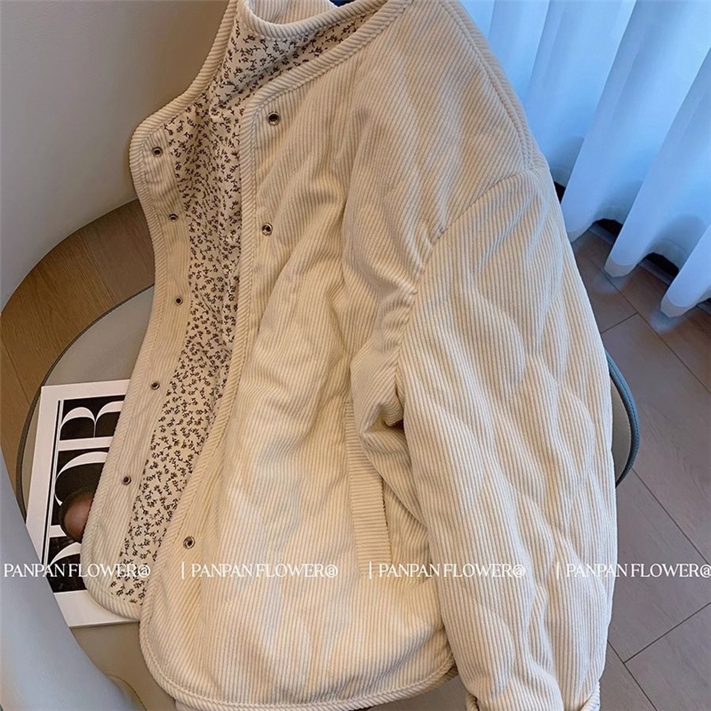 小众设计感灯芯绒拼接碎花菱格棉服外套女秋冬季新款宽松百搭棉衣