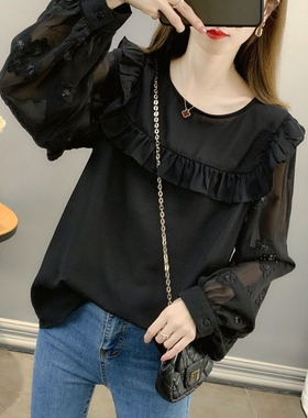 2026年春秋新款圆领套头雪纺衫长袖宽松蕾丝衫上衣黑色薄款蕾丝袖