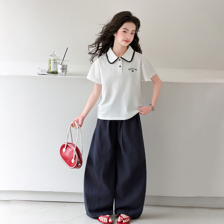 女童夏装套装2026新款洋气女孩夏季学院风短袖POLO衫阔腿裤两件套