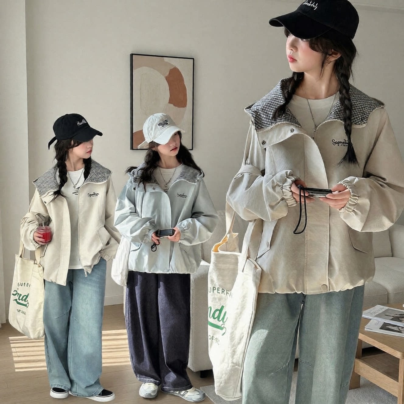 女童外套春季2026新款休闲运动中大童拼接格子连帽夹克风衣女孩潮