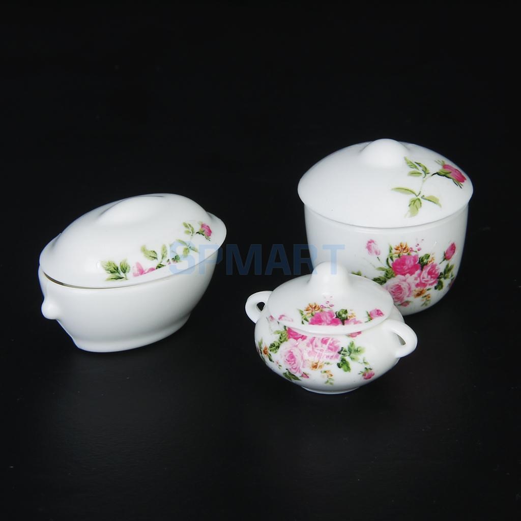 3pcs Doll House Kitchen Miniature Casserole Pot Bowl Lid wit