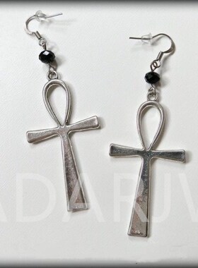 Ankh ear Black glass crystal charms Vintage Jewellery silver