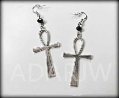 Ankh ear Black glass crystal charms Vintage Jewellery silver