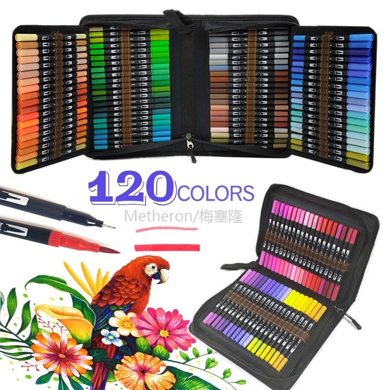 120 Color Fine Liner Dual Tip Brush Pens Set Drawing Paintin