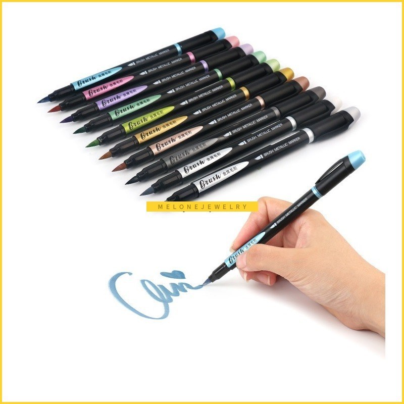 10pcs Color Brush Metallic Marker Pen Set 1-7mm Soft Point D