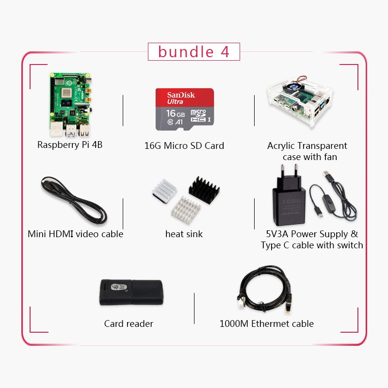 Original  4 Model B Kit Pi4 4G board Micro HDMI Cable Power